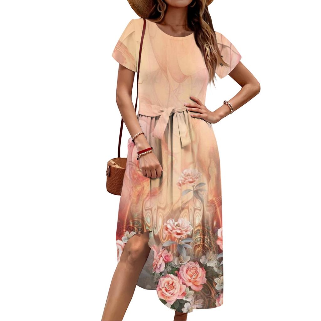 Women's Casual Cute Pattern Print Round Neck Midi Dress Basic Classic Outdoor Everyday Short Sleeve Loose Dress