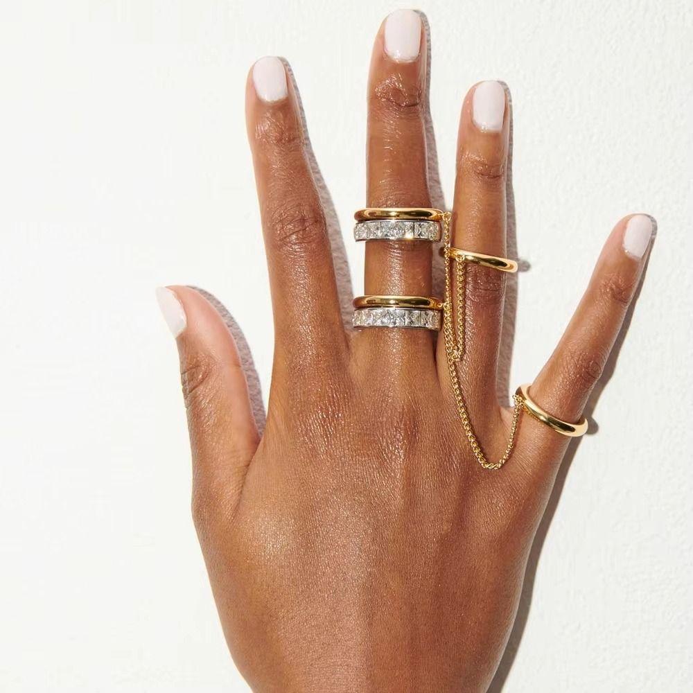 Zircon Chain Ring 18K Gold Silver Hip Hop Jewelry Trendy Tassel Metal Rings  for Party Daily Wear