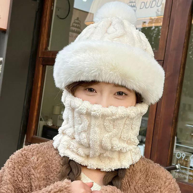 Women's Autumn & Winter Plush Thickened Integrated Hat & Scarf for Cycling - Windproof, Coldproof, Electric Car Pullover Hat.