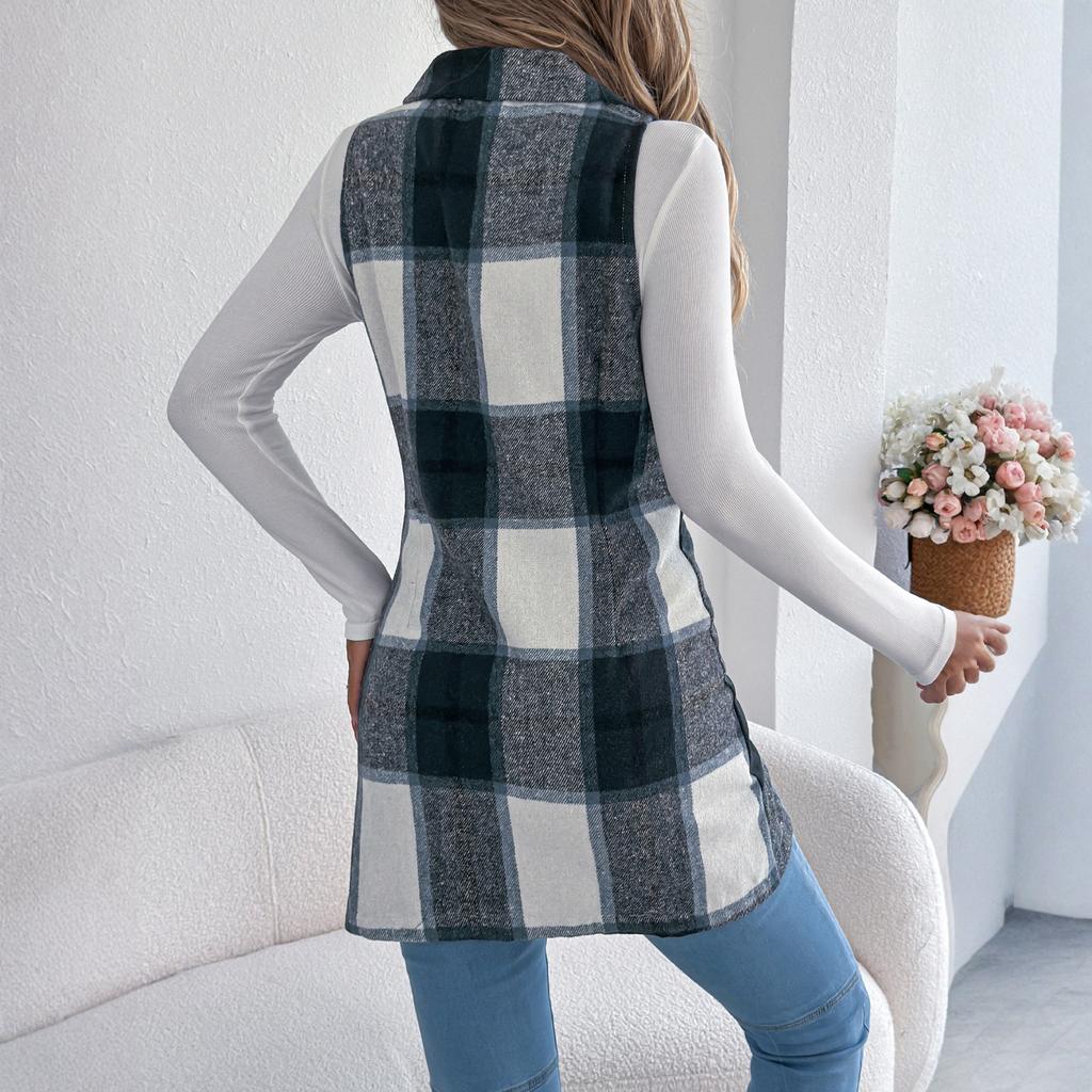 Женское клетчатое двубортное шерстяное пальто с карманами, длинный жилет