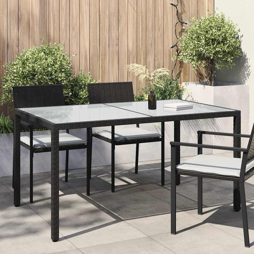 Garden Table 150x90x75 cm Tempered Glass Poly Rattan Black