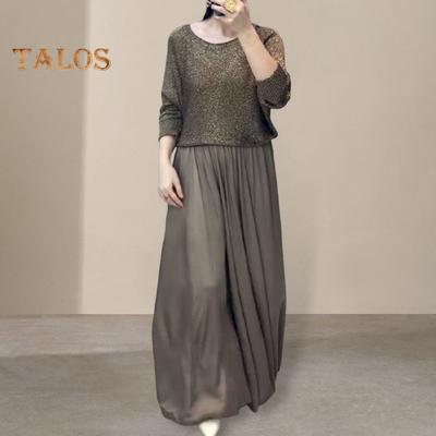 Женский комплект из двух частей: юбка, блестящий топ с круглым вырезом и длинными рукавами, а также юбка-макси А-силуэта с высокой талией, повседневный блестящий наряд