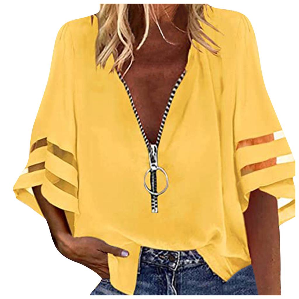 Women's Fashion Solid Colour Casual Loose Mid Sleeve Patchwork T-Shirt Top