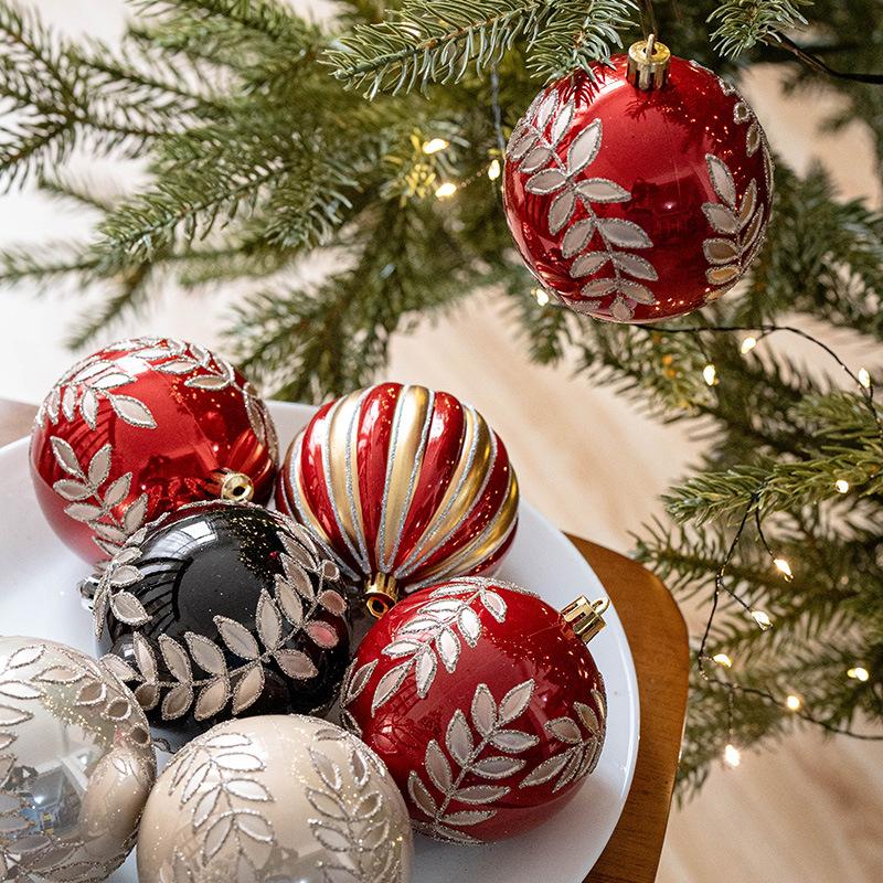6PCS 8cm Boxed Christmas Balls Painted Balls Hanging Ball Pendants Handmade Pearl Willow Leaf Balls Christmas Tree Decoration Pendants