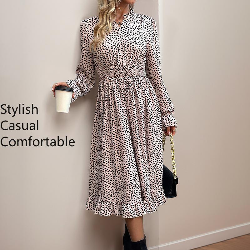 YYFS Женская мода весна-осень с леопардовым принтом повседневные платья с длинным рукавом и воротником-стойкой с высокой талией