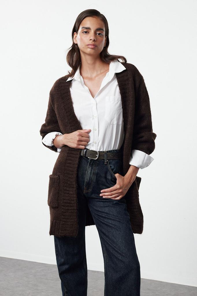 Женский Модный Стильный Кардиган Коричневый Свободного Кроя Мягкий Текстурированный Свободного Кроя Трикотажный Кардиган