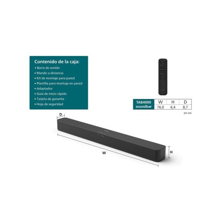 Philips TAB4000 Soundbar Bluetooth 2.0 Channels 60W HDMI ARC Black