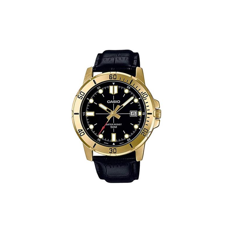 Casio СТАНДАРТНАЯ Серия 50 метров Водонепроницаемость Кварцевый механизм Кожаный ремешок Японские и Корейские Часы Мужские Часы Черный циферблат MTP-VD01GL-1E
