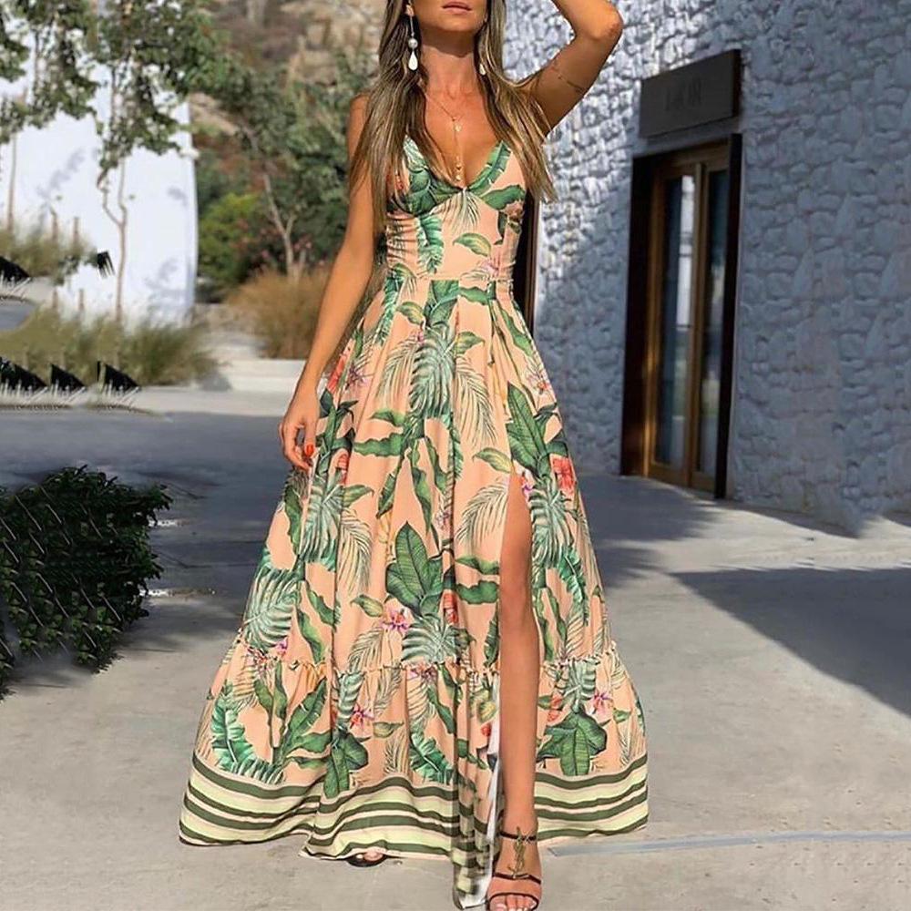 Summer new European and American women's clothing fashionable and sexy deep v suspender dress printed sleeveless split, long dress