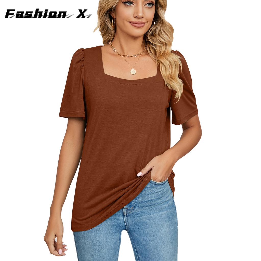 Весенне-летняя новая однотонная свободная футболка с квадратным вырезом и короткими рукавами, вязаные топы женские