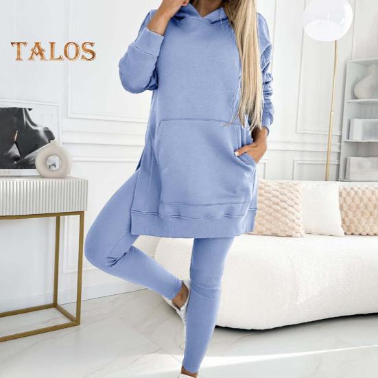 Комплект из 2 предметов: топ и брюки, длинный рукав, капюшон, разрез, толстовка с капюшоном, эластичная талия, облегающие брюки, спортивный костюм для фитнеса, повседневная домашняя одежда для школы