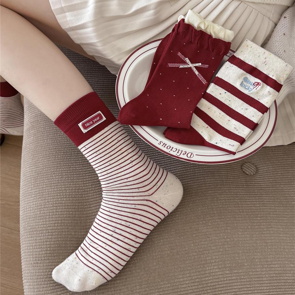 Женские большие красные рождественские носки: Год Лошади, Милый бант в горошек, Кружевная ткань, Полосатый дизайн до середины икры