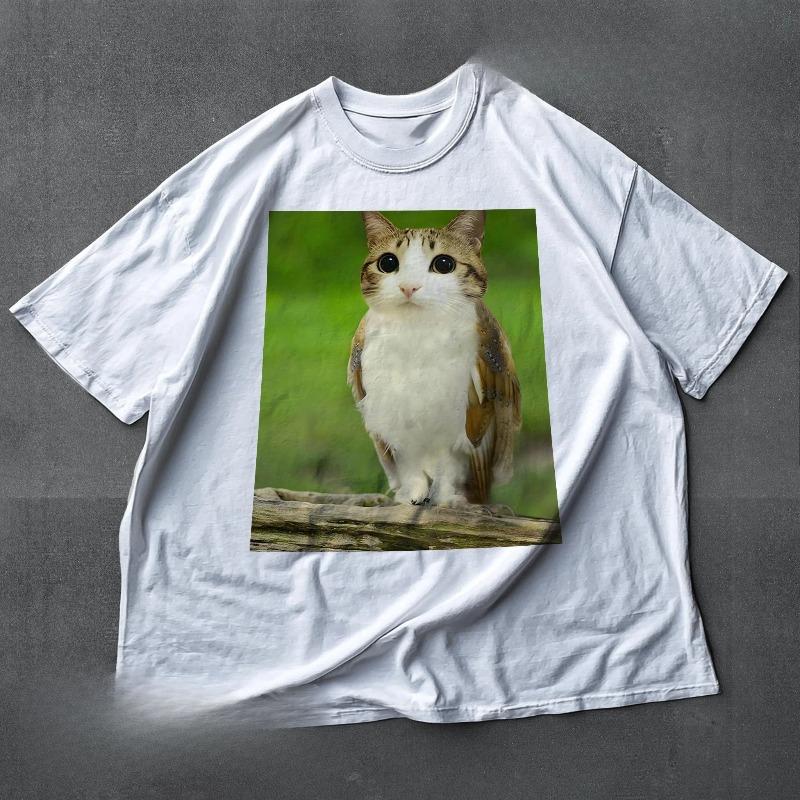 Футболка с котом Meowl Мем Футболка Забавная и Сова Brainrot Meowl Футболка 100% Хлопок Летняя футболка
