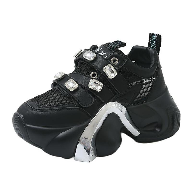 Модные летние блестящие кроссовки на массивной платформе с пайетками для женщин, дышащие, на шнуровке, увеличивающие рост, женские, модные, милые розовые кроссовки