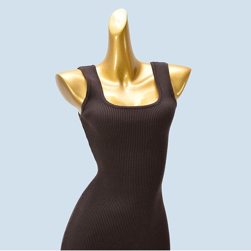 Knitting Sling Dress Women's Spring and Autumn Sexy Square-Neck Collarbone Slit Slim-Fitting Hip-Wrapped Sleeveless Long Dress Show Figure