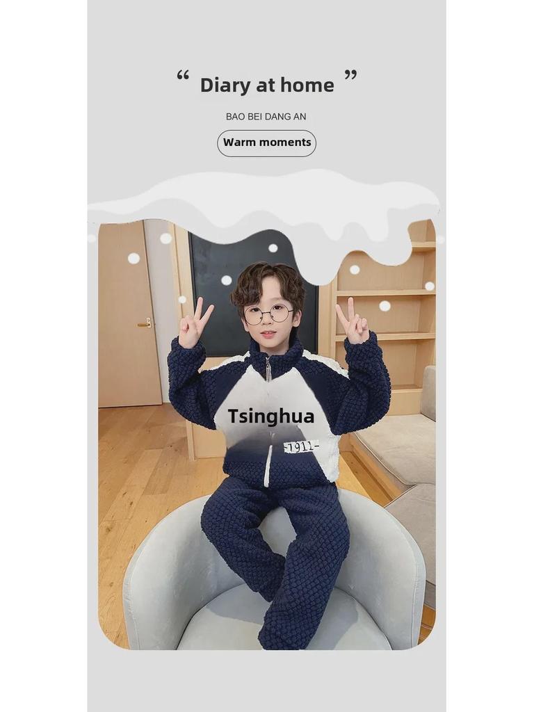 Autumn 2023 Boys Coral Fleece Pajamas - Velvet Flannel Winter Homewear for Kids