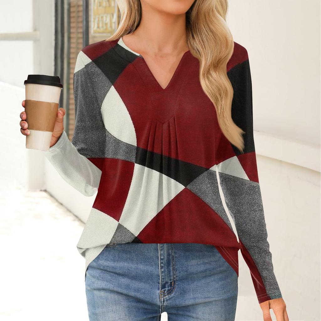 Women's Fashion Casual Long Sleeve Shirt Geometry Printed V Neck Up Tops