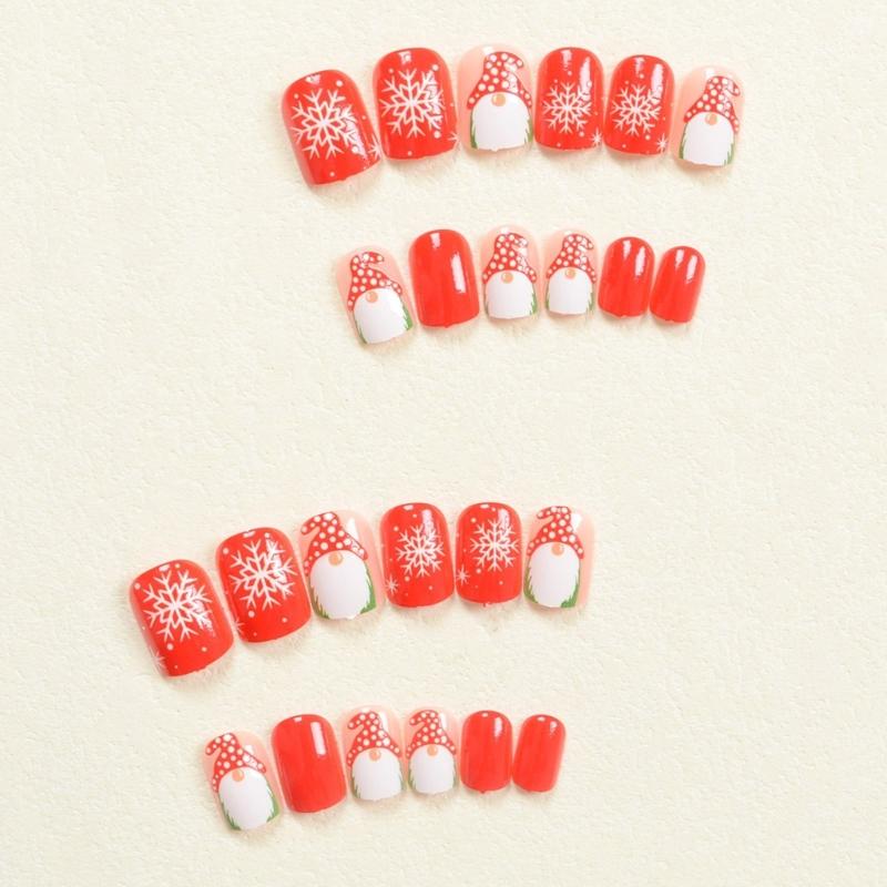 Christmas Press On Nails Short Square False Nails White Snowflake Full Cover Stick on Nails Santa Claus Artificial Nails