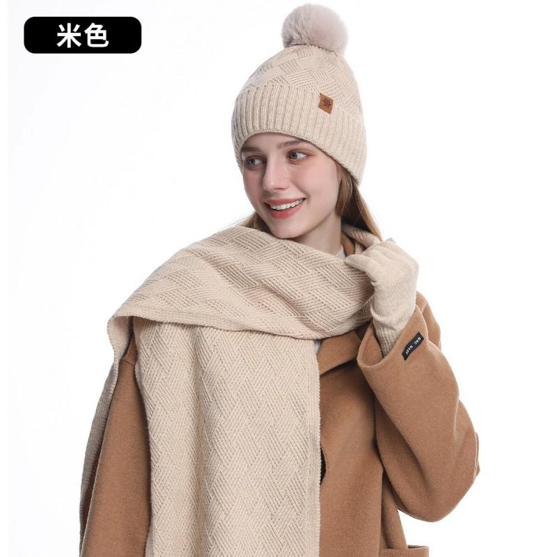 Womens Winter Warm Knit Hat Scarf Gloves Set Double-Layer Fleece Lined Acrylic Beanie Accessory Cold Weather