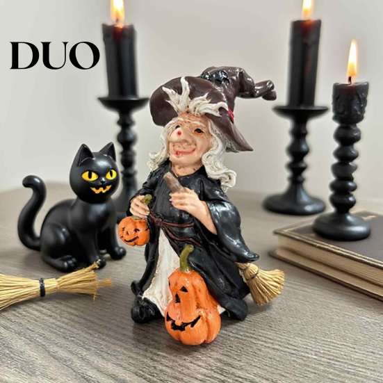 Decorative Resin Pumpkin Figures Halloween Witch Figurine, Vintage Hand-Painted Ornament, Spooky Tabletop Collectable Gifts Decor for Desk Shelf