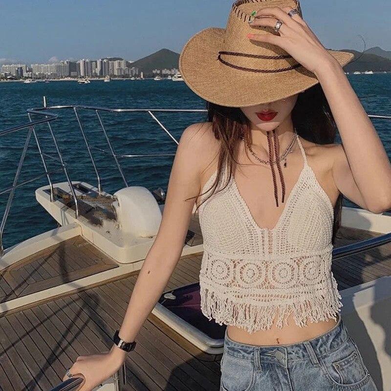 Sexy Boho Beach Holiday Camisole Halter Women Swimsuit Bra Backless Vest Hollow Tassel Tank Top Women's Crop Tops