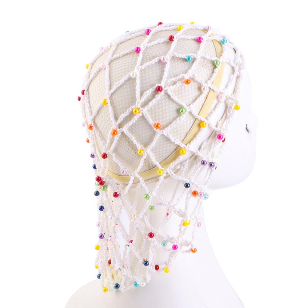Mesh Hair Net Polyester Knit Snoods Crocheted Sleep Cap with Faux Pearls Decoration Fashionable Head Cover for Women