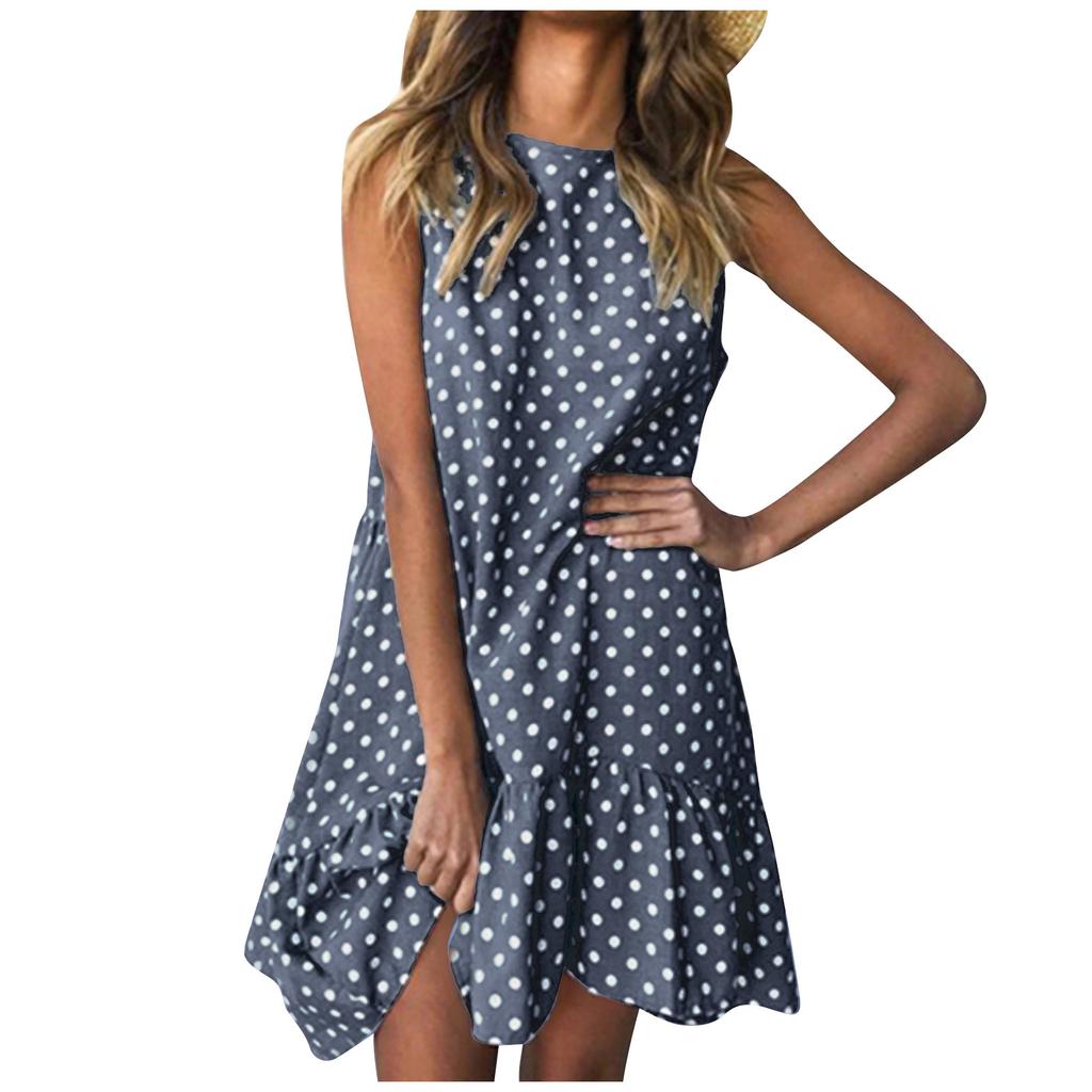 Fashion Women  Sleeveless Polka Dot Loose Casual Ruffle Dress