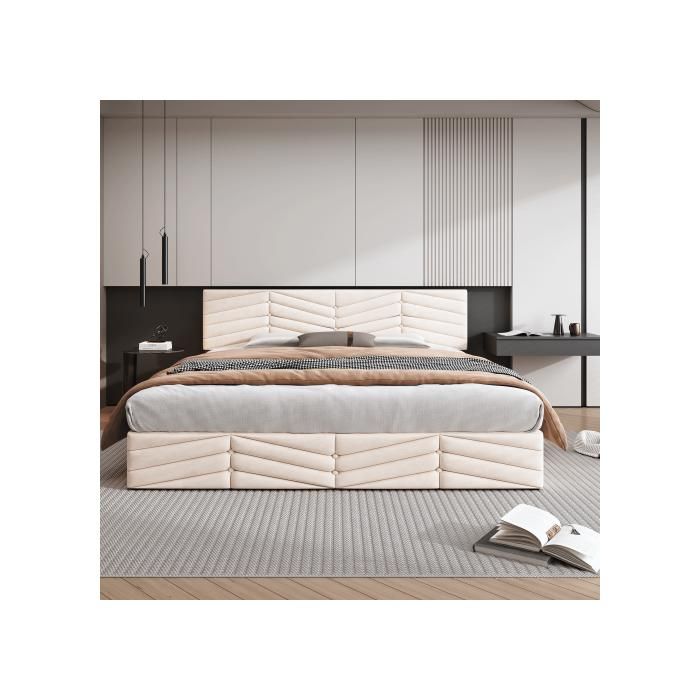 Lit fonctionnel hydraulique - MUVOE - 160 x 200 cm - Tête de lit réglable - Velours beige - Design rayé