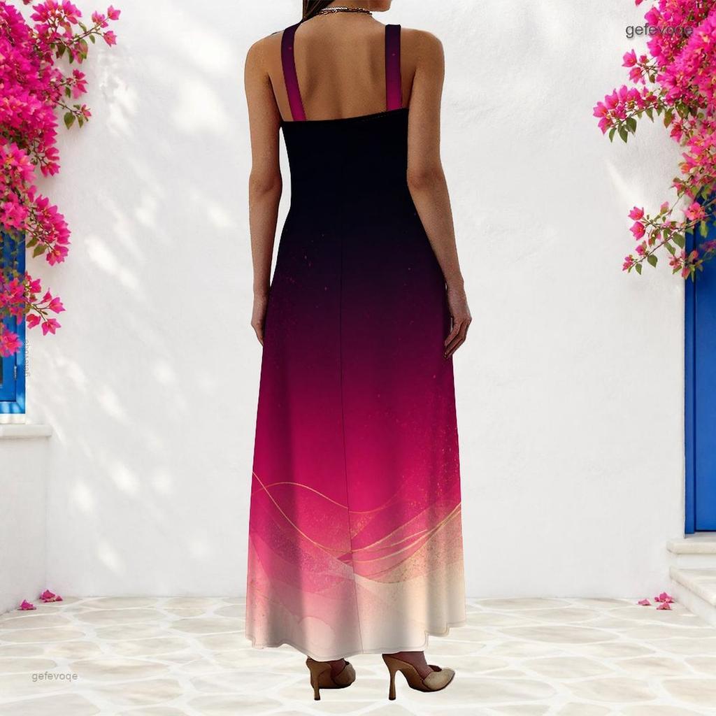Women Plus Size Scoop Neck Strappy Sleeveless A Line Gradient Printed Long Maxi Dress