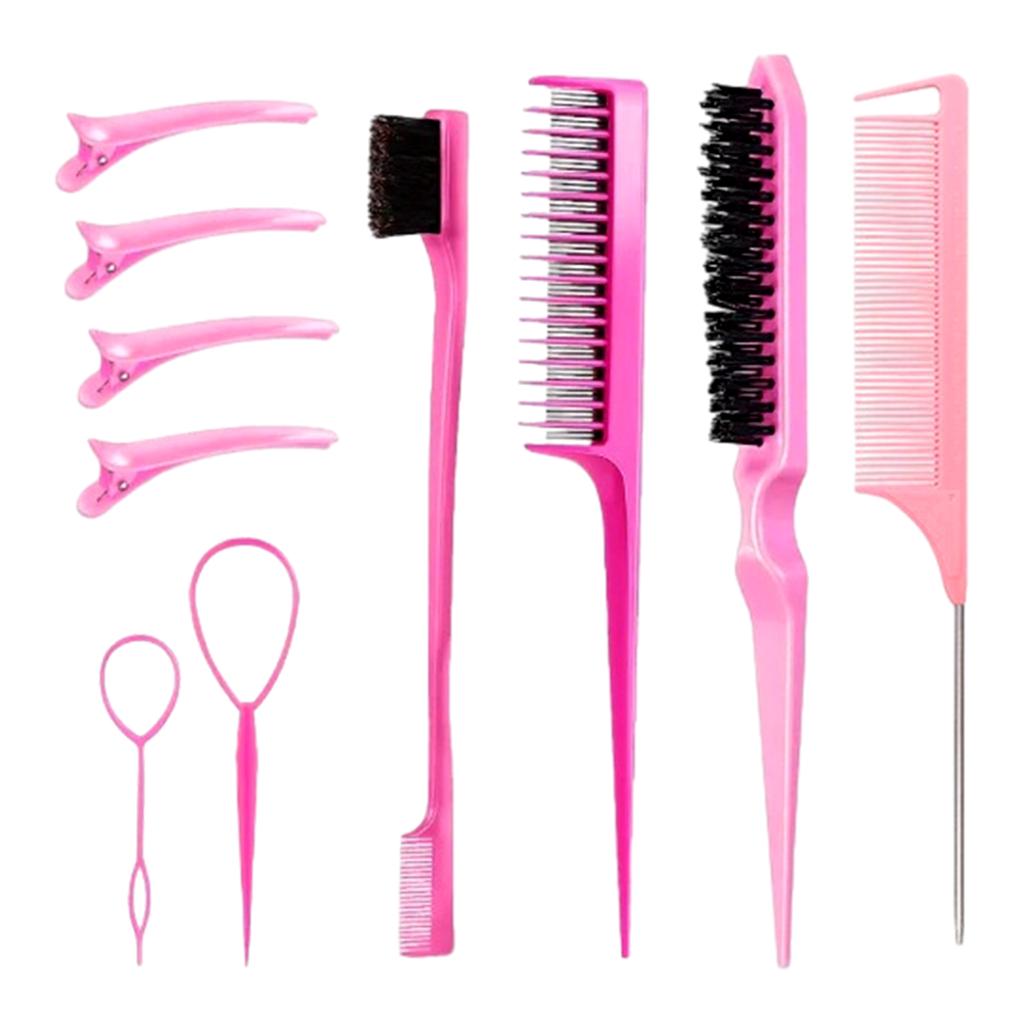 Hair Styling Comb Set Hair Brush Set Teasing Hair Brush Rat Tail Comb with Duckbill Clips Edge Brush for Women and Girls