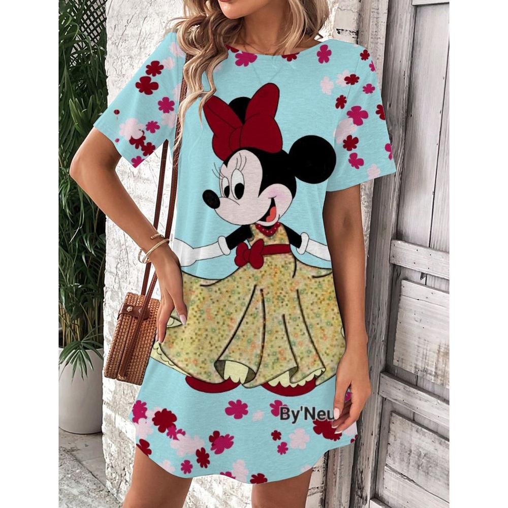 Женское летнее платье Disney Микки Маус Весна Круглый вырез Короткий рукав Свободная талия Платье с оборками