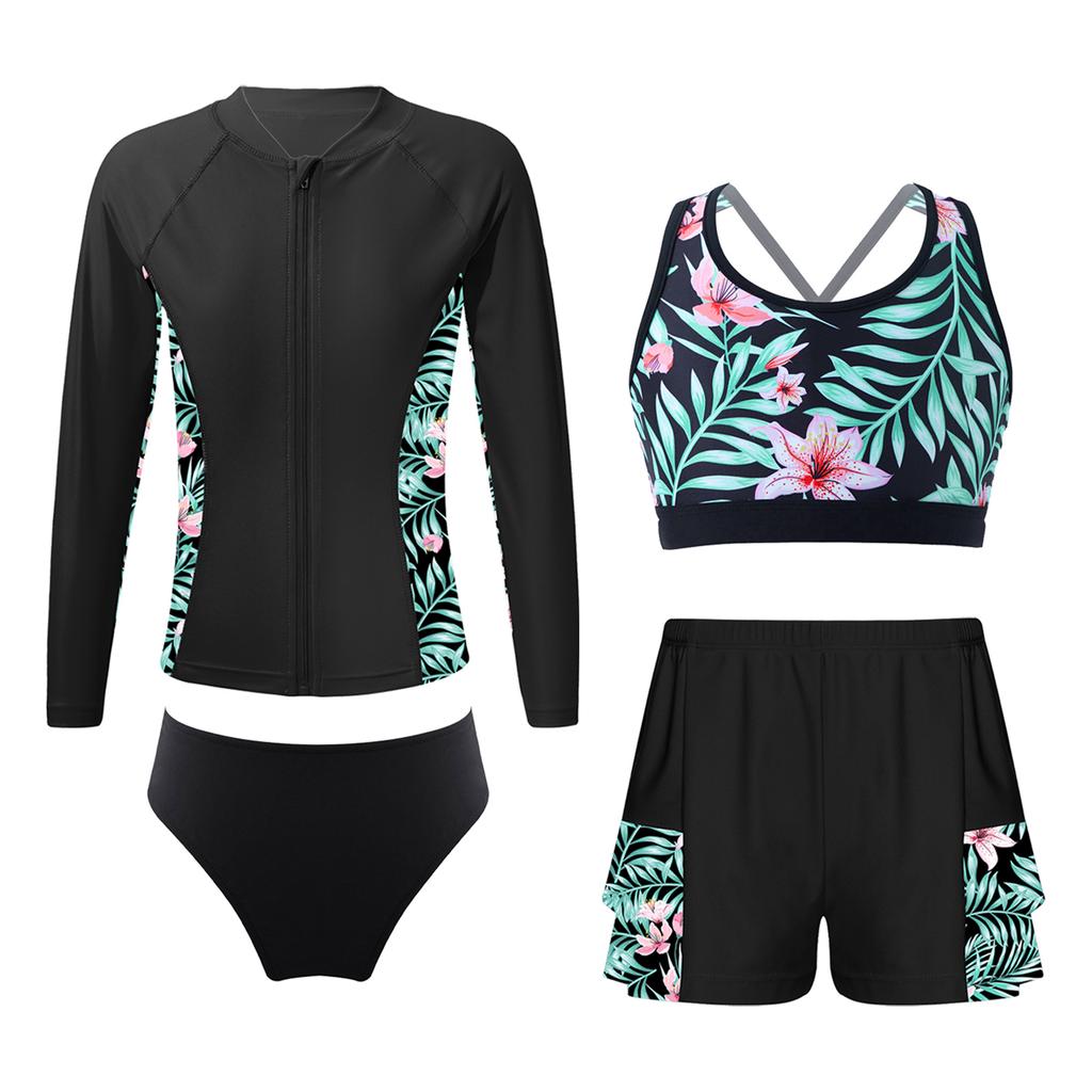 Комплект для плавания для девочек из 4 предметов: Топ на молнии с длинным рукавом, Майка, Плавки, Шорты с оборками, Защита от солнца