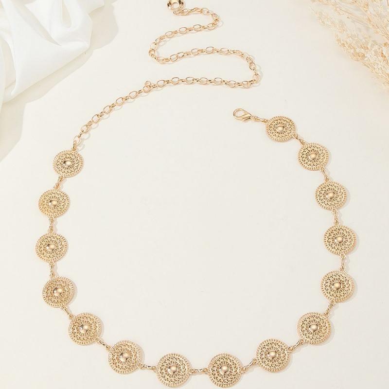 Европейская и американская круглая полая металлическая пластина женская поясная цепочка модные простые аксессуары для платья поясные аксессуары женские