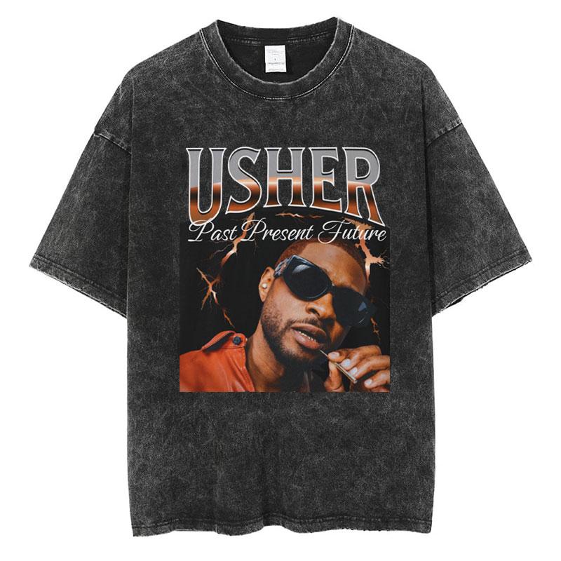 Usher Past Resent Future Tour Washed T Shirt Hip Hop Retro Harajuku Tshirt Men Women Loose High Quality Cotton Street Tees