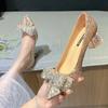 Shiny Crystal Bowknot Pumps Women 2024 New Thick Heels Rhinestone Wedding Party Shoes Woman Gold Silver Sequin Pointed Toe Pumps