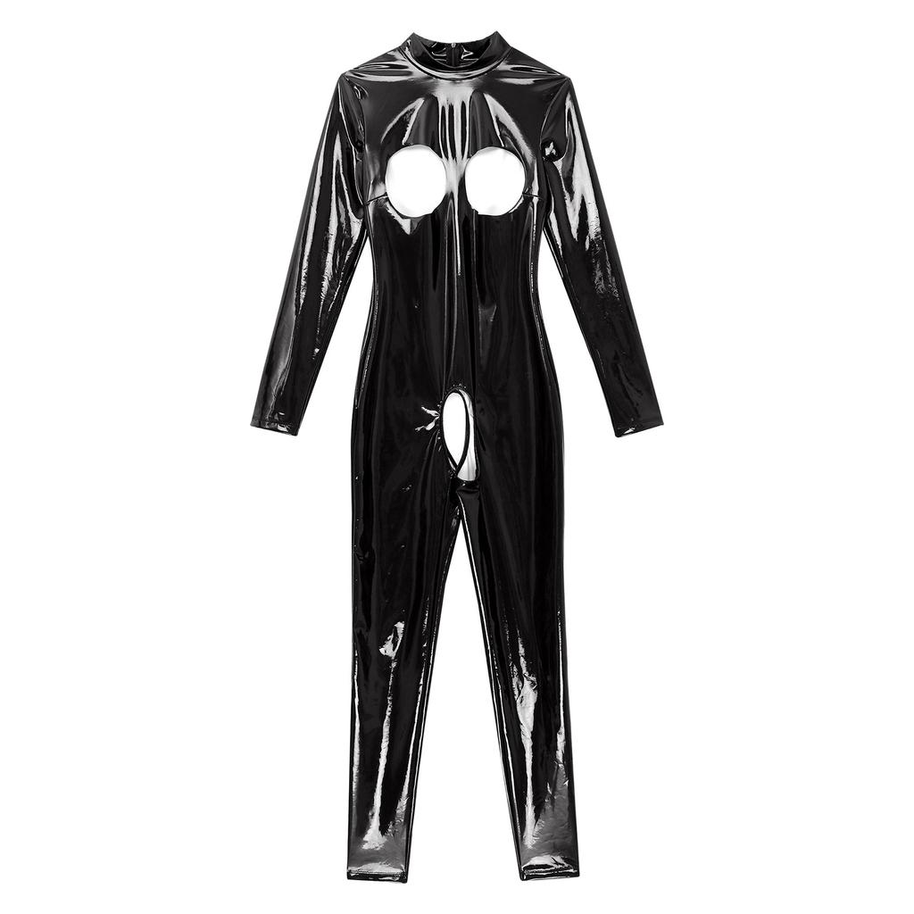 Женский сексуальный ажурный боди, клубная одежда, комбинезон из лакированной кожи всего тела, комбинезон на молнии