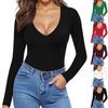 Women's Fashion Casual Deep V-Neck Long Sleeve Slim Solid Color T-Shirt Top