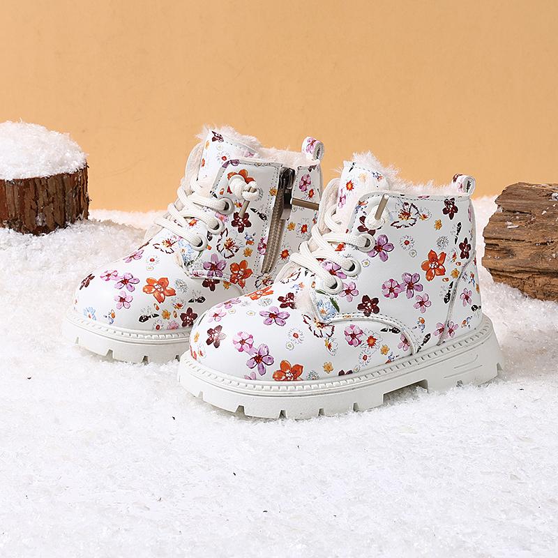 New Winter Children Snow Boots Leather Flower Warm Plush Toddler Kids Shoes Non-slip Fashion Girls Boots EU 23-31