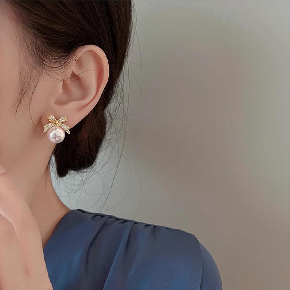 Jewelry Accessories Bow Pearl Ear Studs Bowknot Bow Pearl Ear Hook Bow Pearl Earrings  Lady/Gifts
