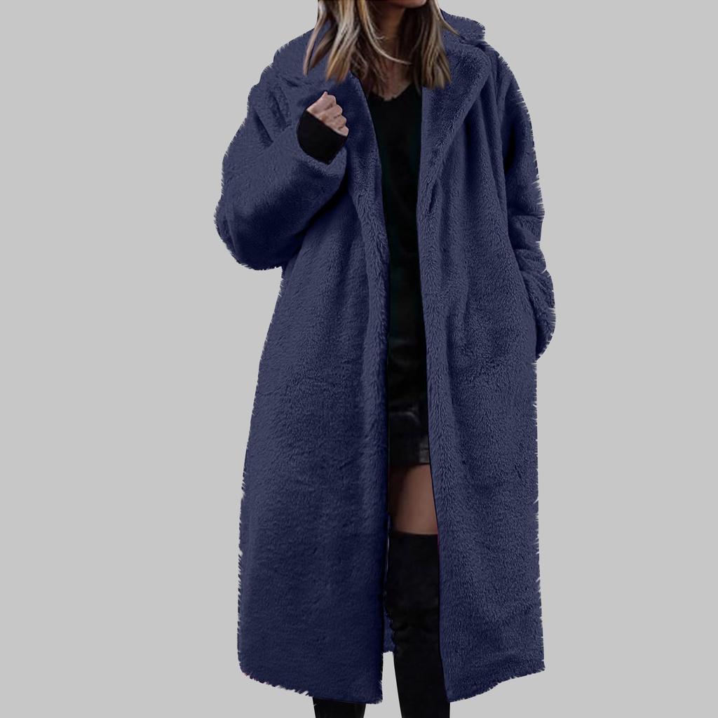 Women's Long Solid Color Fashionable Winter Loose Flip Collar Plush Jacket