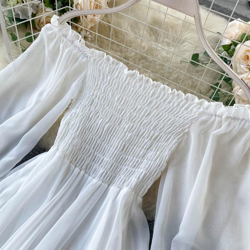 Весенне-осенние женские элегантные праздничные платья, белые шифоновые платья с пышными рукавами и вырезом на шее, с открытыми плечами