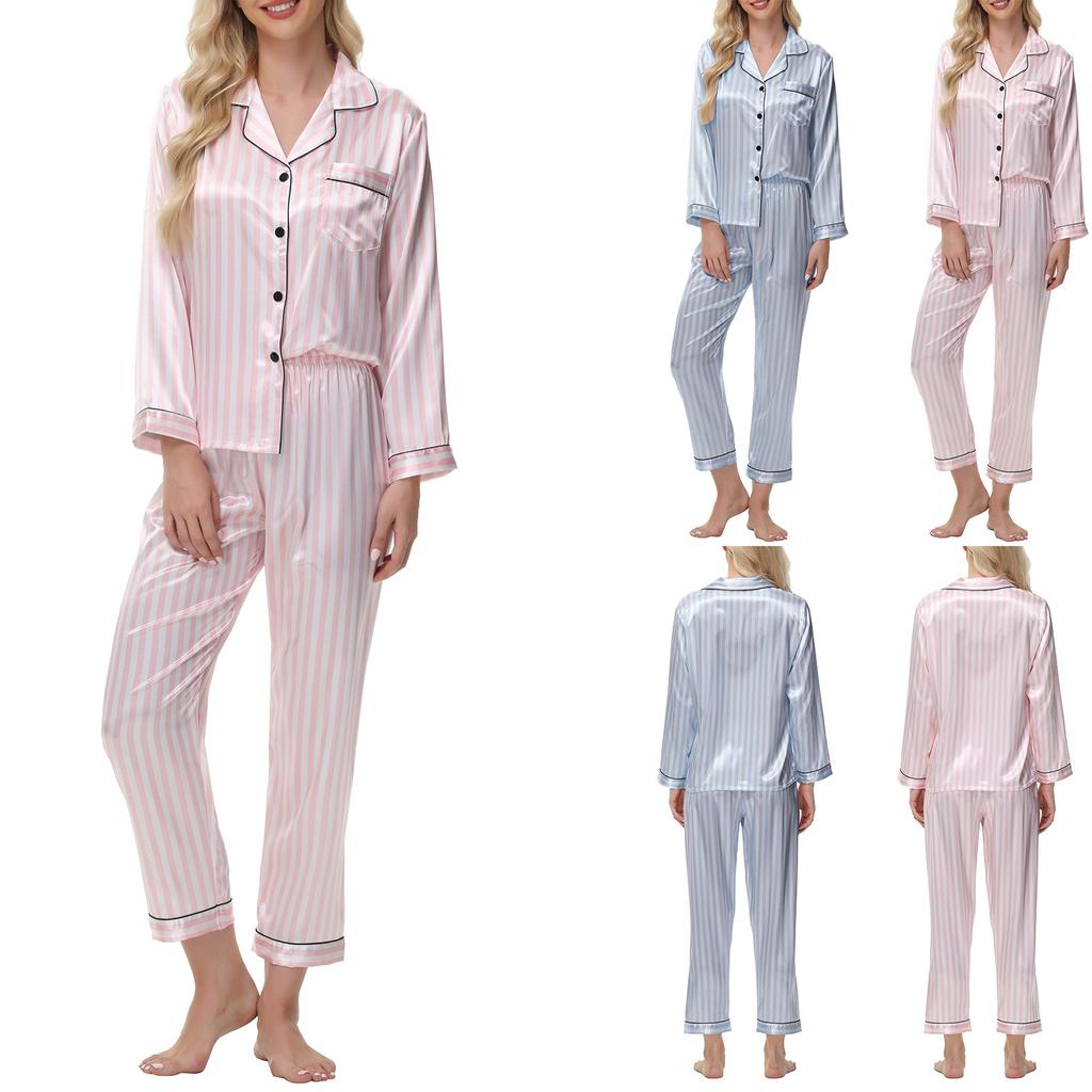 Атласный полосатый костюм из ледяного шелка с длинным рукавом, шелковая женская домашняя одежда