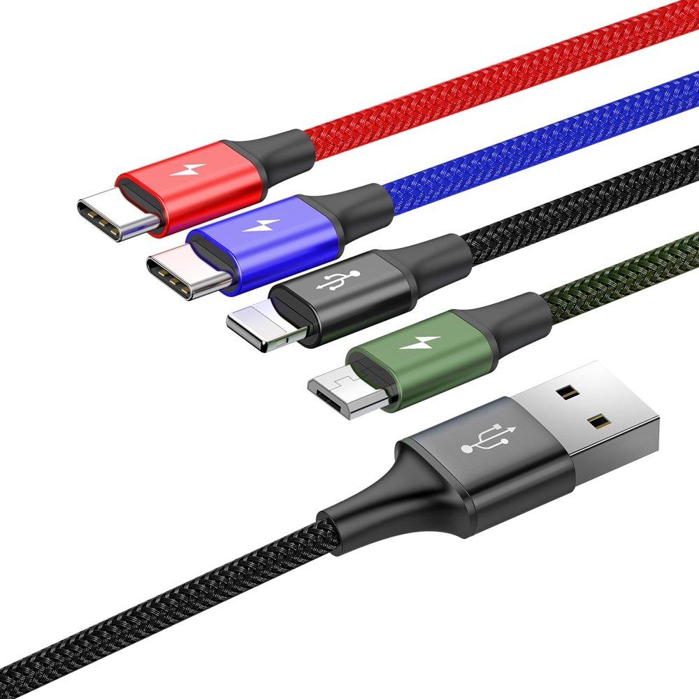 4-in-1 USB Cable Iphone Lightning 2 x USBC microUSB Nylon Braided 35A 12m Black