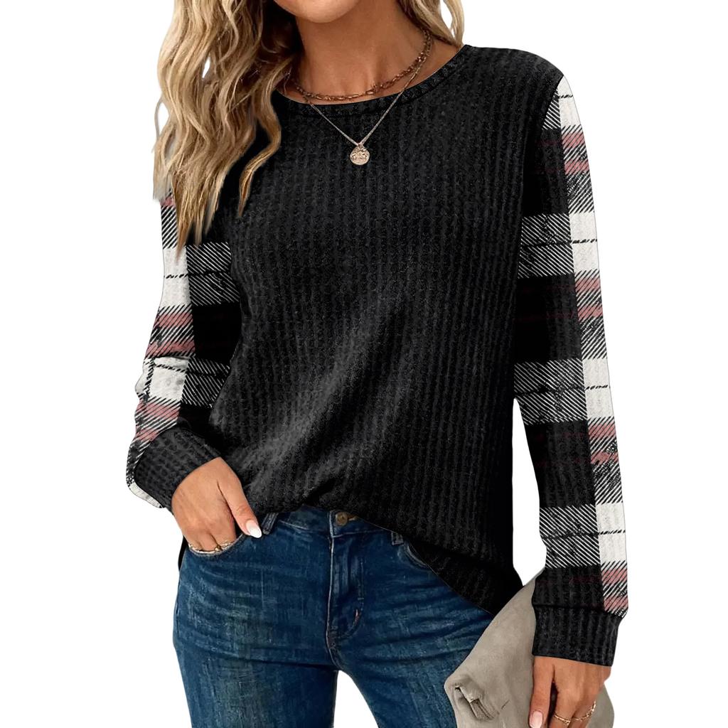 Женский повседневный топ свободного кроя с круглым вырезом и длинными рукавами в клетку