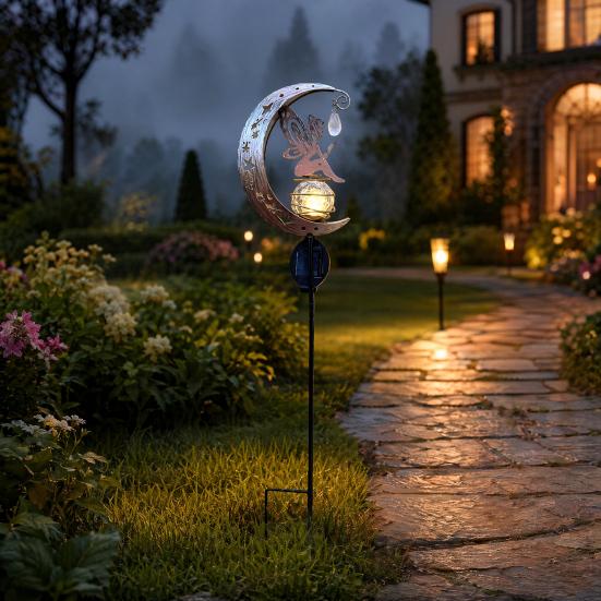 Solar Garden Light, Butterfly Fairy Moon Figurine Stake Light, Outdoor Waterproof Solar Powered Pathway Light for Patio, Lawn, Yard Decor