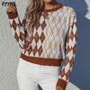 Женские модные повседневные свитера с ромбовидным принтом, осенне-зимние свитера с длинным рукавом и круглым вырезом
