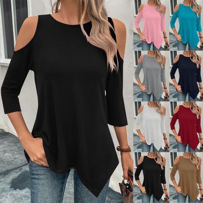Рубашки с рукавами 3/4 для женщин, однотонная футболка с нерегулярным подолом и открытыми плечами на весну/лето, повседневные базовые топы, пуловер