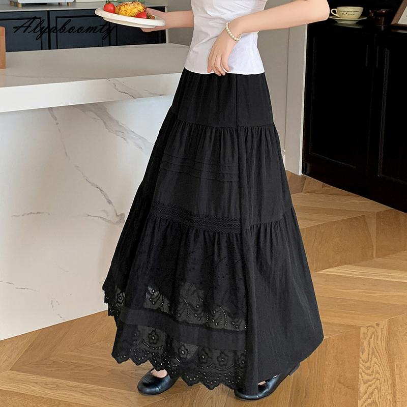 Корейский шик весна-лето женская юбка миди с эластичной талией, черная, белая, с цветочной вышивкой, ажурная юбка, элегантные женственные юбки для вечеринок