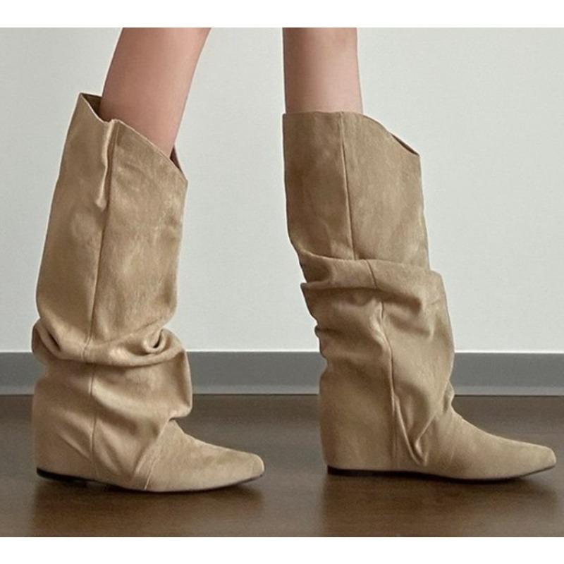 Новый стиль Женские осенне-зимние плиссированные женские ботинки в стиле вестерн, ковбойские ботинки на внутренней платформе, ботильоны-рыцари Zapatos De Mujer