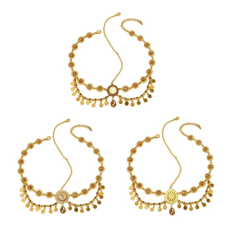 Индийская свадебная головная цепочка Золотистого цвета с монетными кисточками Стразы Головной убор для женщин Свадебные аксессуары Повседневная носка